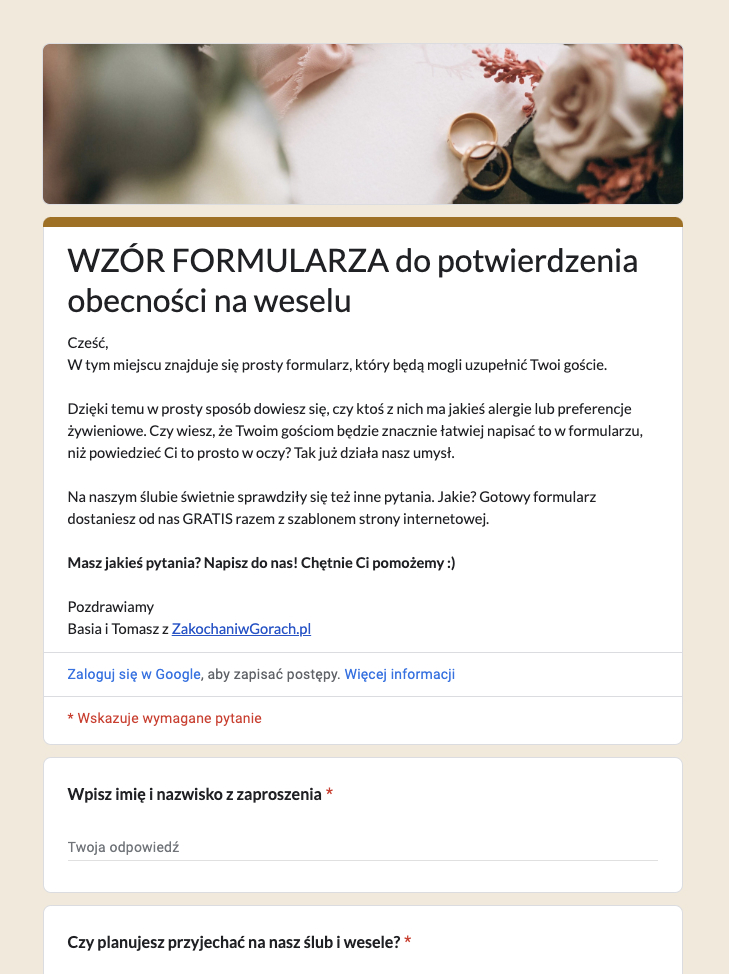 Tekst na stronie internetowej z wzorem formularza do potwierdzenia obecności na weselu, informujący gości o możliwości zgłaszania preferencji żywieniowych i alergii, z obietnicą pomocnej obsługi